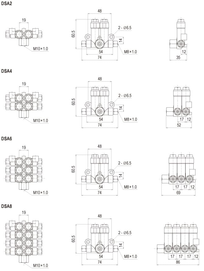 Showa Centralised Lubrication System - Distributors Volumetric - DSA, DSB Dester Block - Drawing 1
