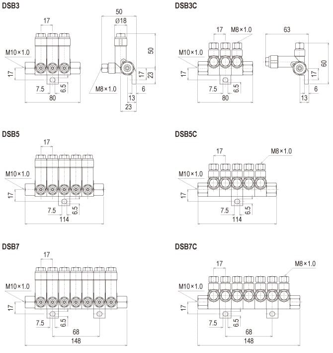 Showa Centralised Lubrication System - Distributors Volumetric - DSA, DSB Dester Block - Drawing 2